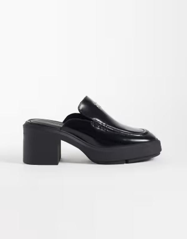 カルバンクライン レディース シューズ サンダル レザー ヒール Calvin Klein leather block heel mules Black ブラック