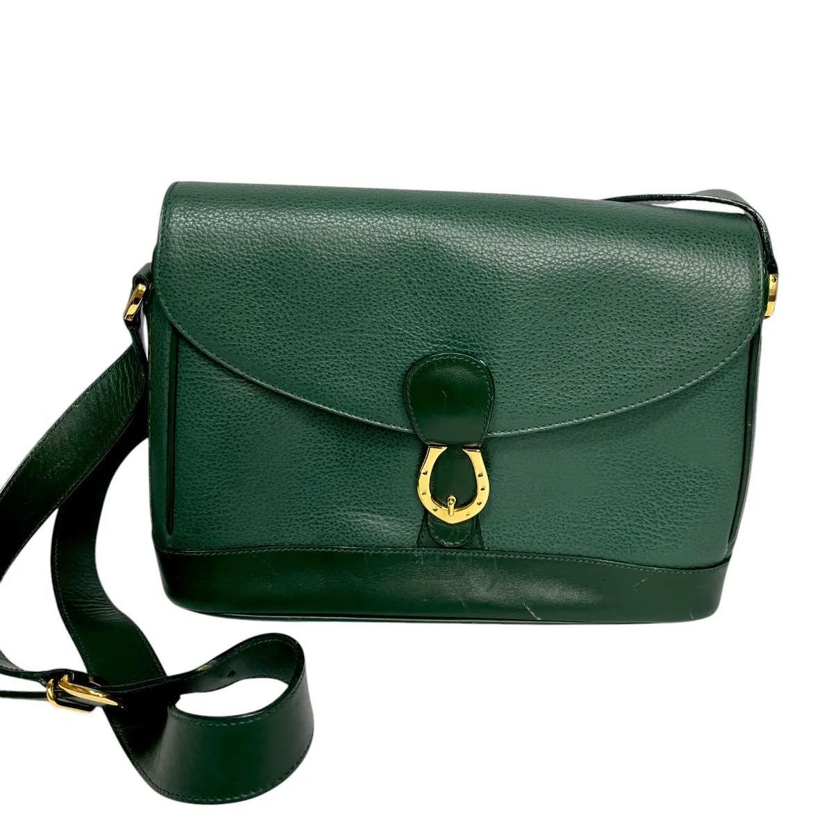 【美品】GUCCI グッチ オールド ショルダーバッグ レザー グリーン×ゴールド金具 001・86・1198【IX52】