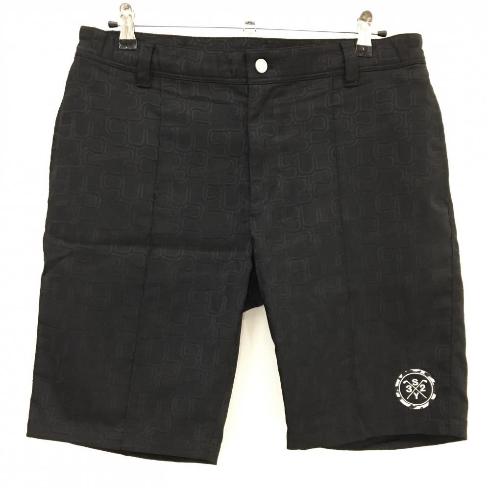 超美品】SY32 ハーフパンツ 黒 総柄 ロゴ刺しゅう白 メンズ XL ゴルフ