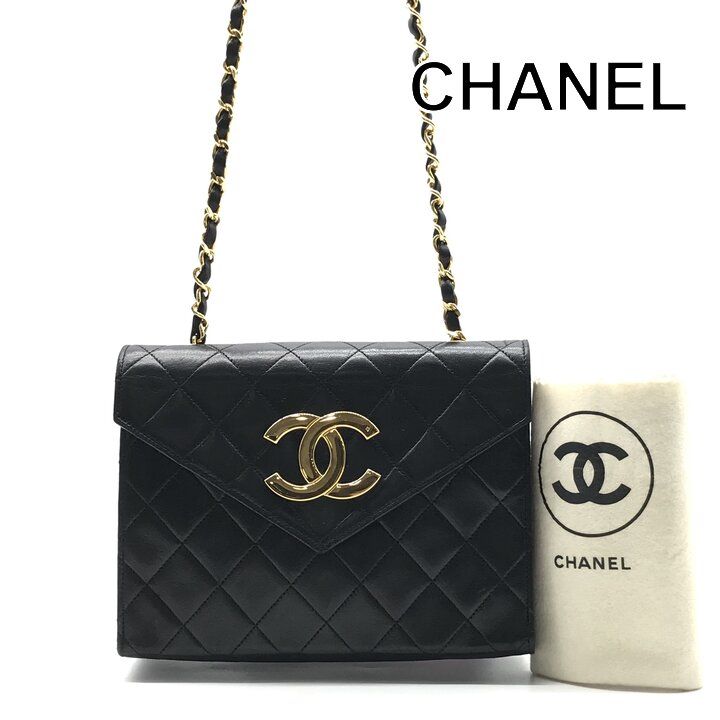 美品 CHANEL シャネル デカココ マトラッセ プッシュロック ラムスキン レザー チェーン ショルダー バッグ ブラック 鞄 r1981
