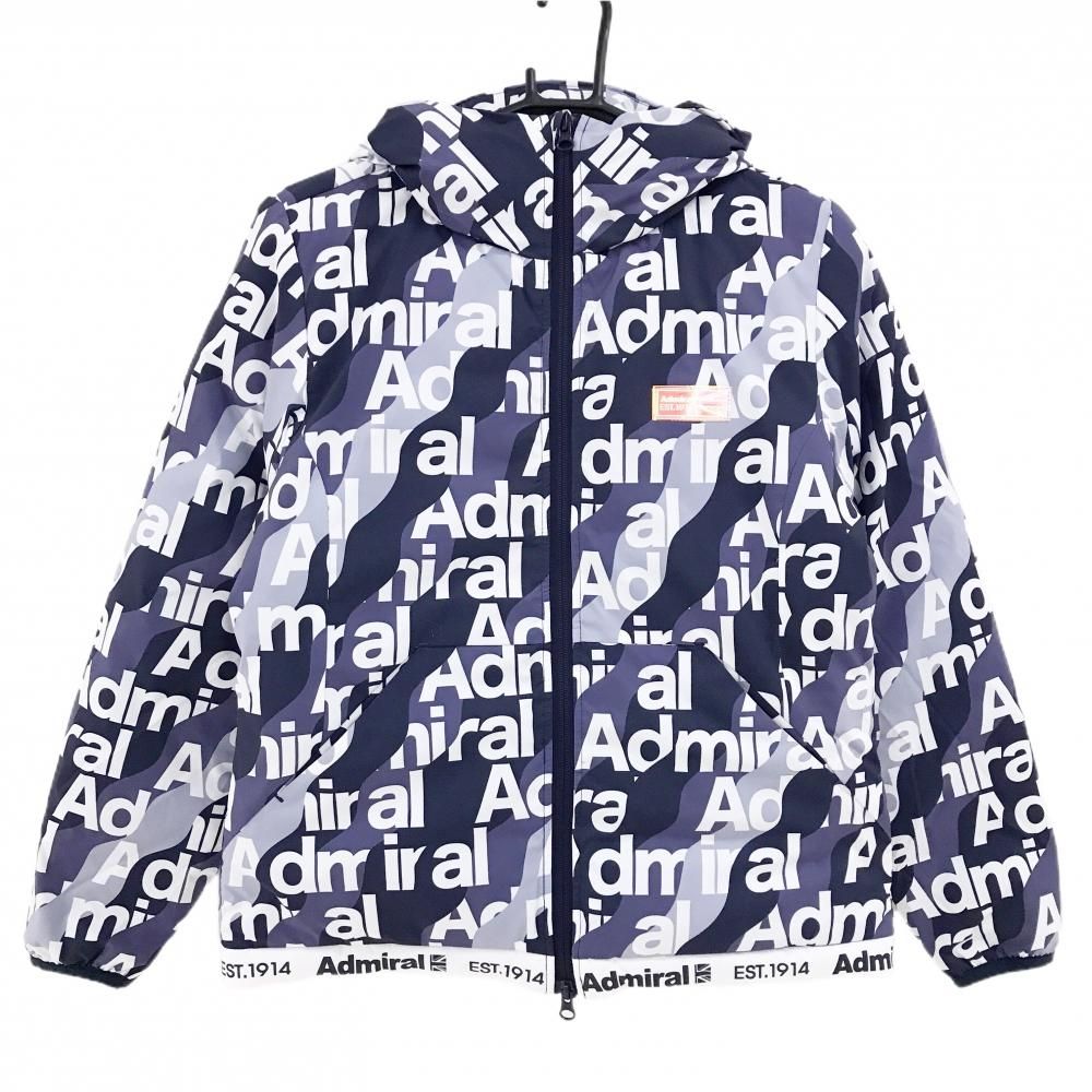 美品】アドミラル フード付き中綿ジャケット ネイビー×白 ロゴ総柄 裾
