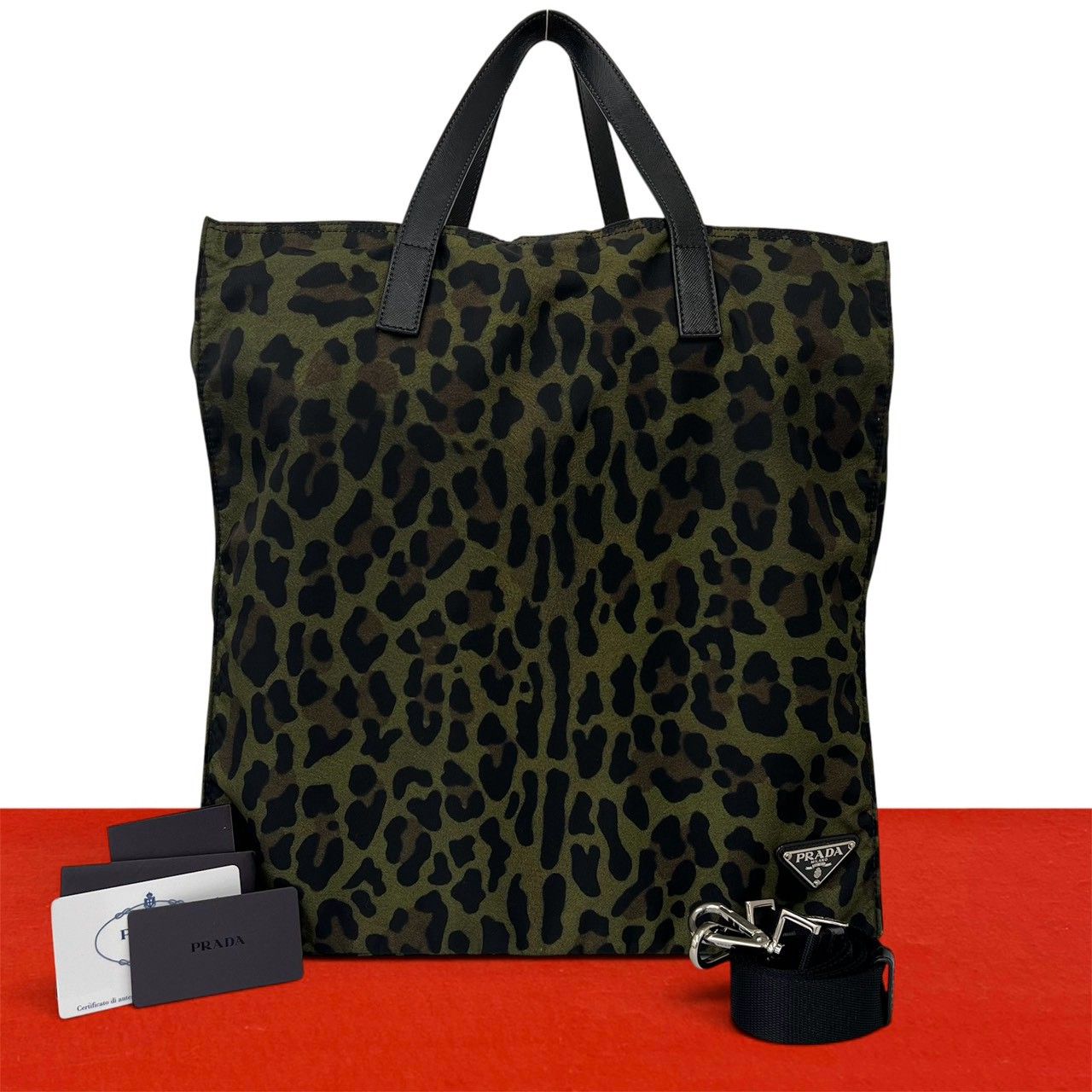 【極上】PRADA ハンドバッグ カナパ 2way レオパード 三角ロゴ 手提げ 極 美品 PRADA プラダ 三角ロゴ 金具 レオパード 柄 ナイロン レザー