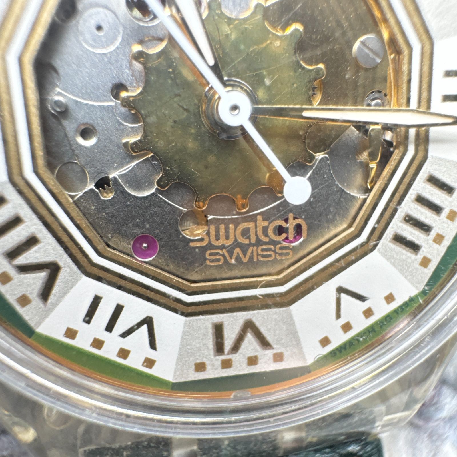 稼働品 Swatch スウォッチ 自動巻き スケルトン腕時計 グリーンベルト