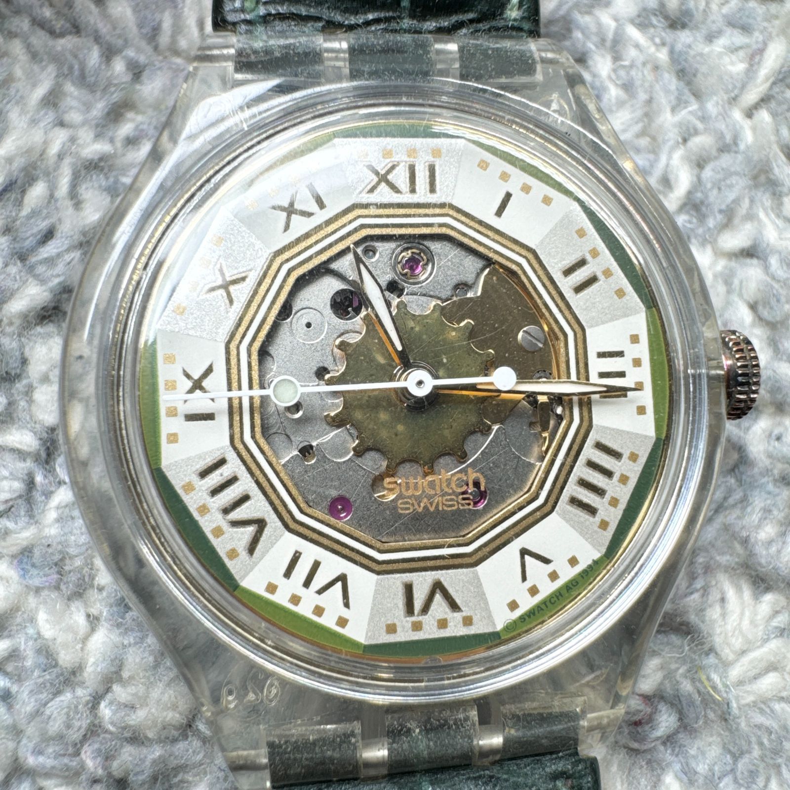 招き猫 Swatch 自動巻き スケルトン メンズ 腕時計 オート稼働品 稼働品 Swatch スウォッチ 自動巻き スケルトン腕時計 グリーンベルト
