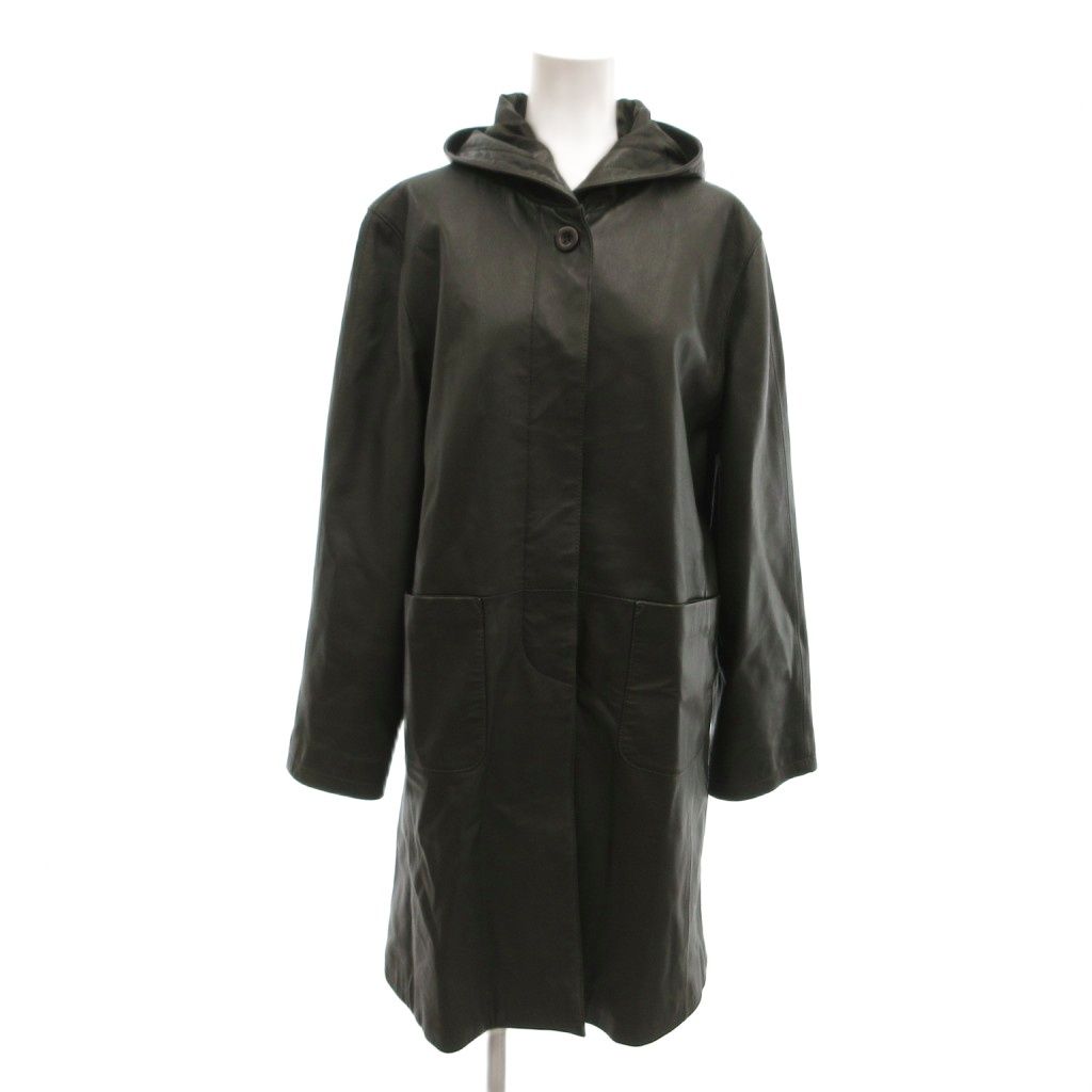 Reine 美品 カウレザーコート 牛革 フーデッド 比翼仕立て ハーフ丈 シボ感 M～L 緑 グリーン /MX ■ECF009