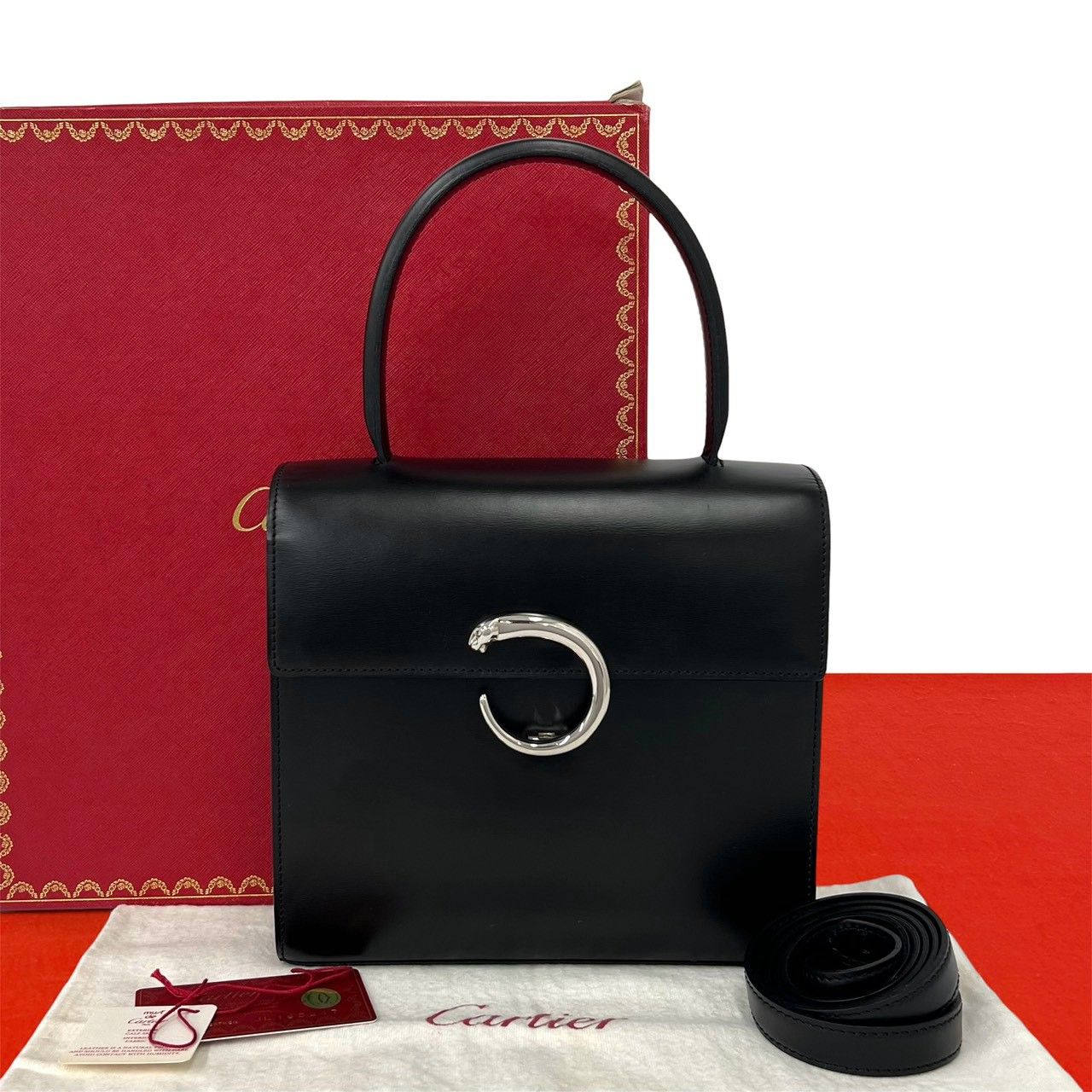 未使用 カルティエ パンテール パンサー レザー ハンドバッグ L1000195 ほぼ未使用 箱 袋付 CARTIER カルティエ パンテール パンサー 金具