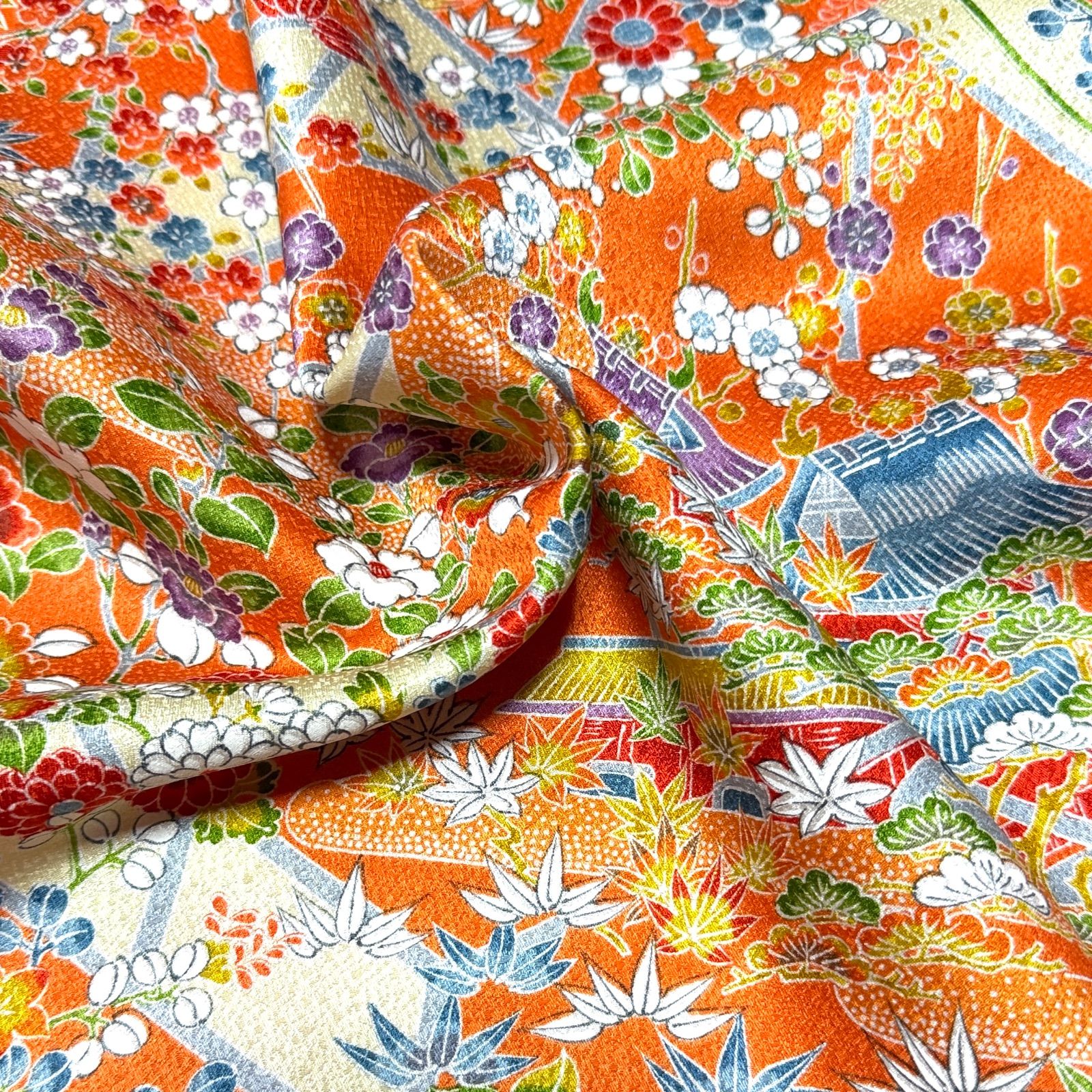 No.8113【明るい橙色にカラフルな花々の着物はぎれ】正絹
