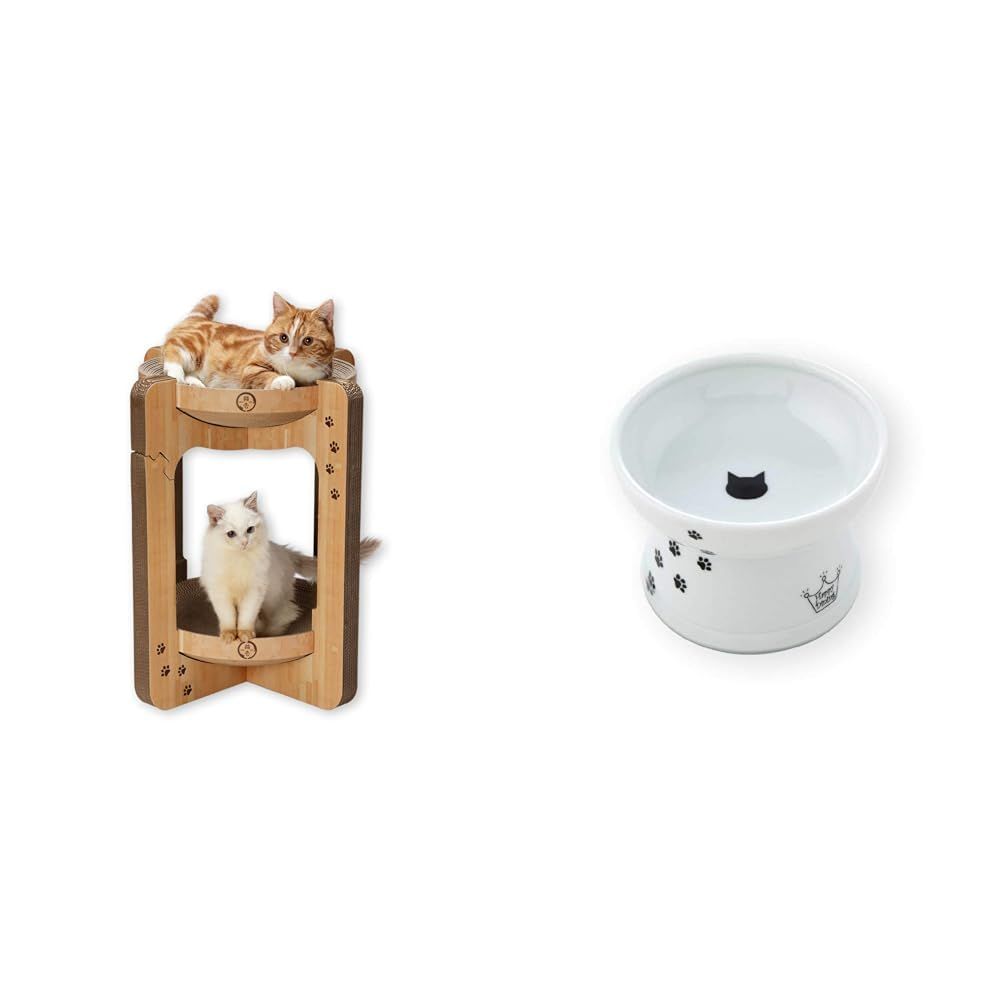 【大人気】猫壱 【セット買い】バリバリボウルタワー… (レギュラー, ライトブラウン) + 猫壱(necoichi) ハッピーダイニング 猫用 脚付フードボウル レギュラー 猫柄 すべり止めシリコン付き 28b69801