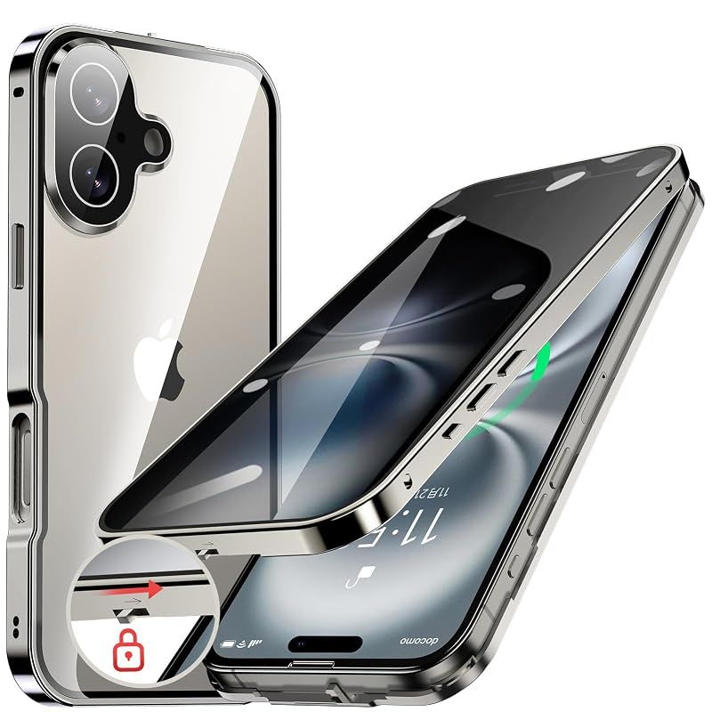 HGUTREY【覗き見防止・自動ポップアップボタン】iPhone16 用 ケース【ロック付き】【ストラップホール付き】一体型レンズ保護(グレー) 0