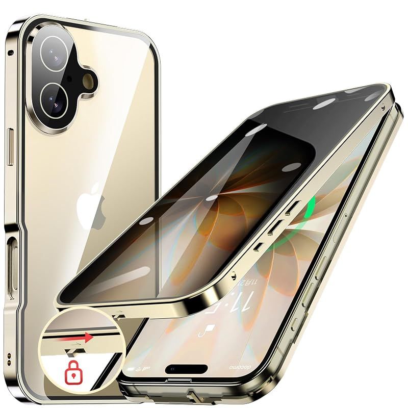 HGUTREY【覗き見防止・自動ポップアップボタン】iPhone17 用 ケース【ロック付き】【ストラップホール付き】一体型レンズ保護(ゴールド) 0