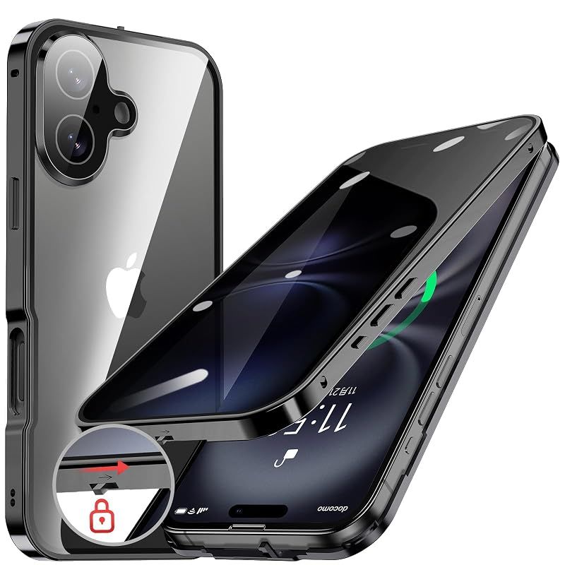 HGUTREY【覗き見防止・自動ポップアップボタン】iPhone16 用 ケース【ロック付き】【ストラップホール付き】一体型レンズ保護(ブラック) 0