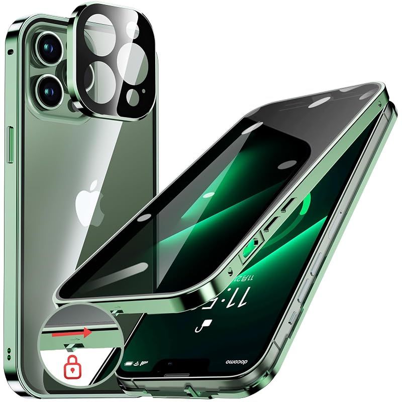 HGUTREY【覗き見防止・自動ポップアップボタン】iPhone13 Pro Max 用ケース【ロック付き】ストラップホール付き(アルパイングリーン) 0