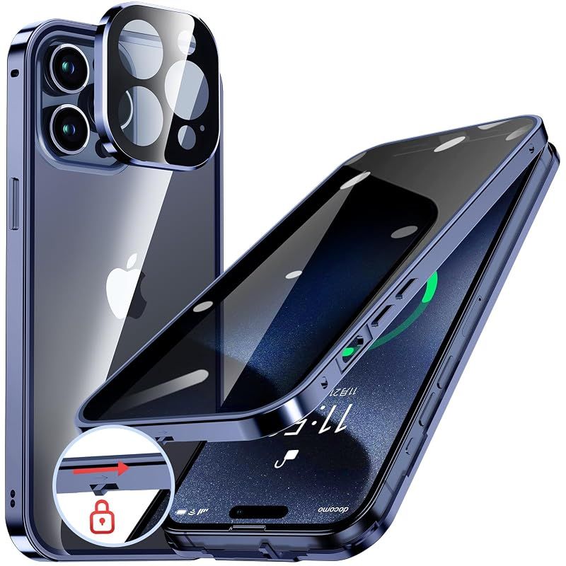 HGUTREY【覗き見防止・自動ポップアップボタン】iPhone15 Pro 用 ケース【ロック付き】ストラップホール付き (ディープブルー) 0