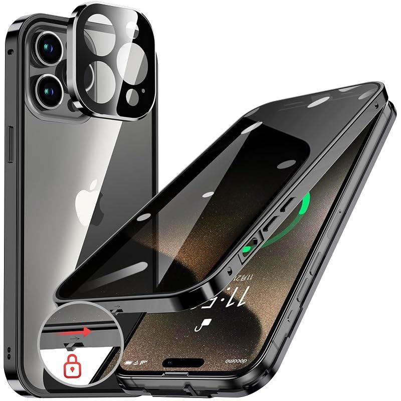HGUTREY【覗き見防止・自動ポップアップボタン】iPhone15 Pro 用 ケース【ロック付き】ストラップホール付き (ブラック) 0