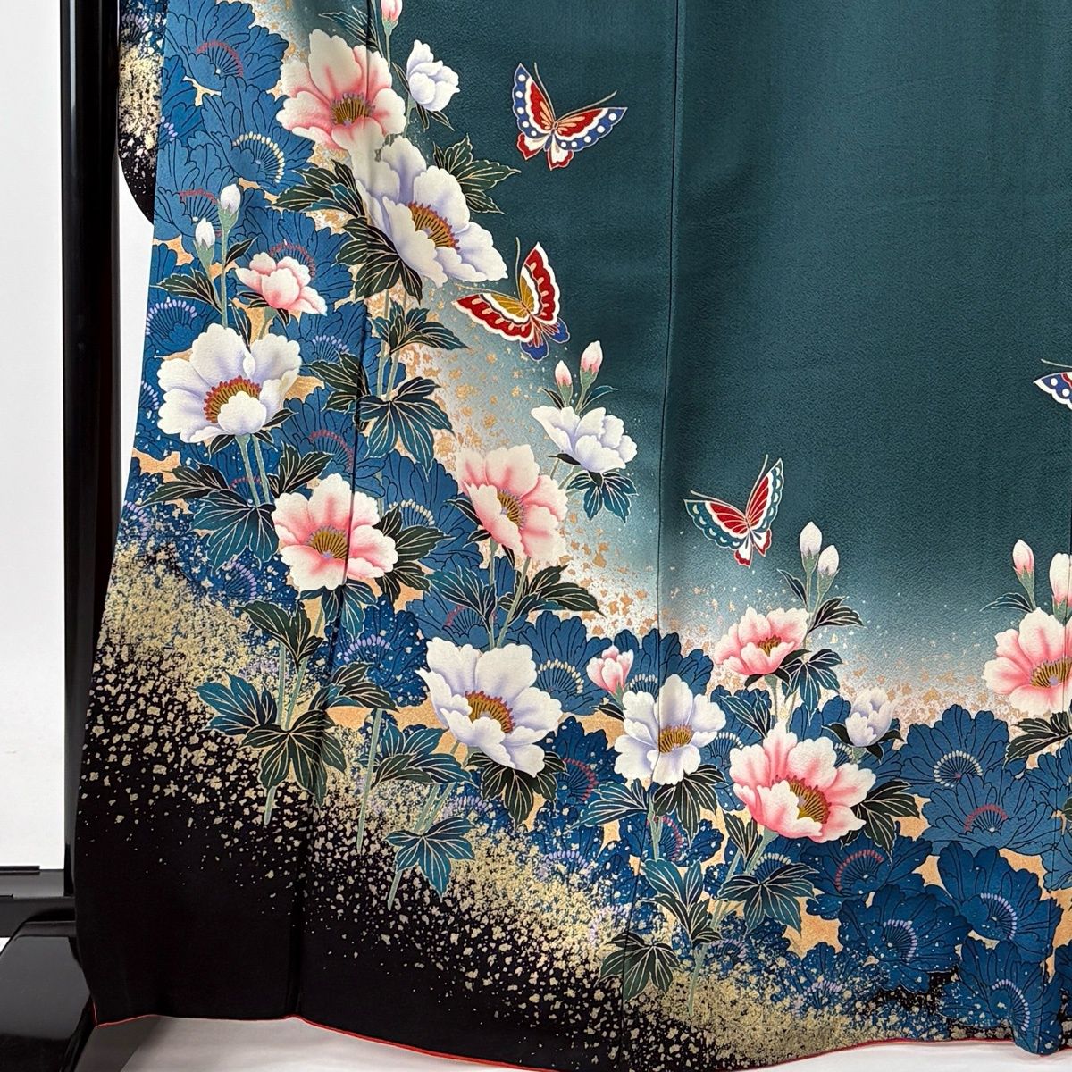 振袖 身丈168cm 裄丈66.5cm M 袷 草花 蝶 金彩 ぼかし 深緑 正絹 秀品