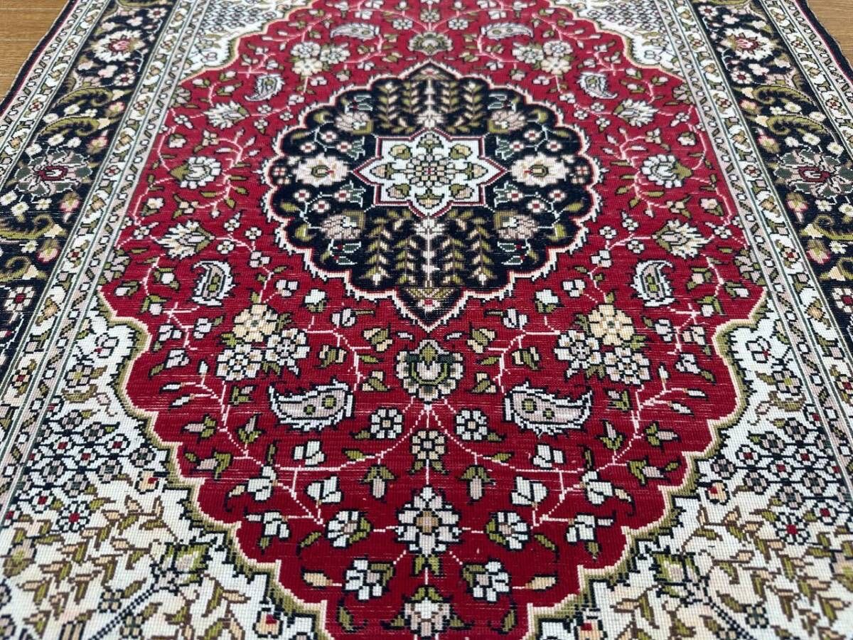中国段通 シルク手織り絨毯 90×64cm ペルシャ柄 メダリオン {3670-36