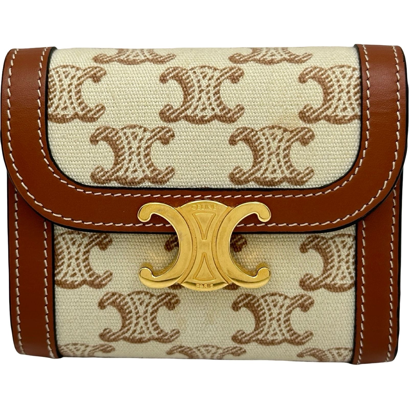 セリーヌ CELINE トリオンフスモールフラップウォレット 10D782D B2.02NT ベージュ/ブラウン キャンバス/レザー レディース 三つ折り財布