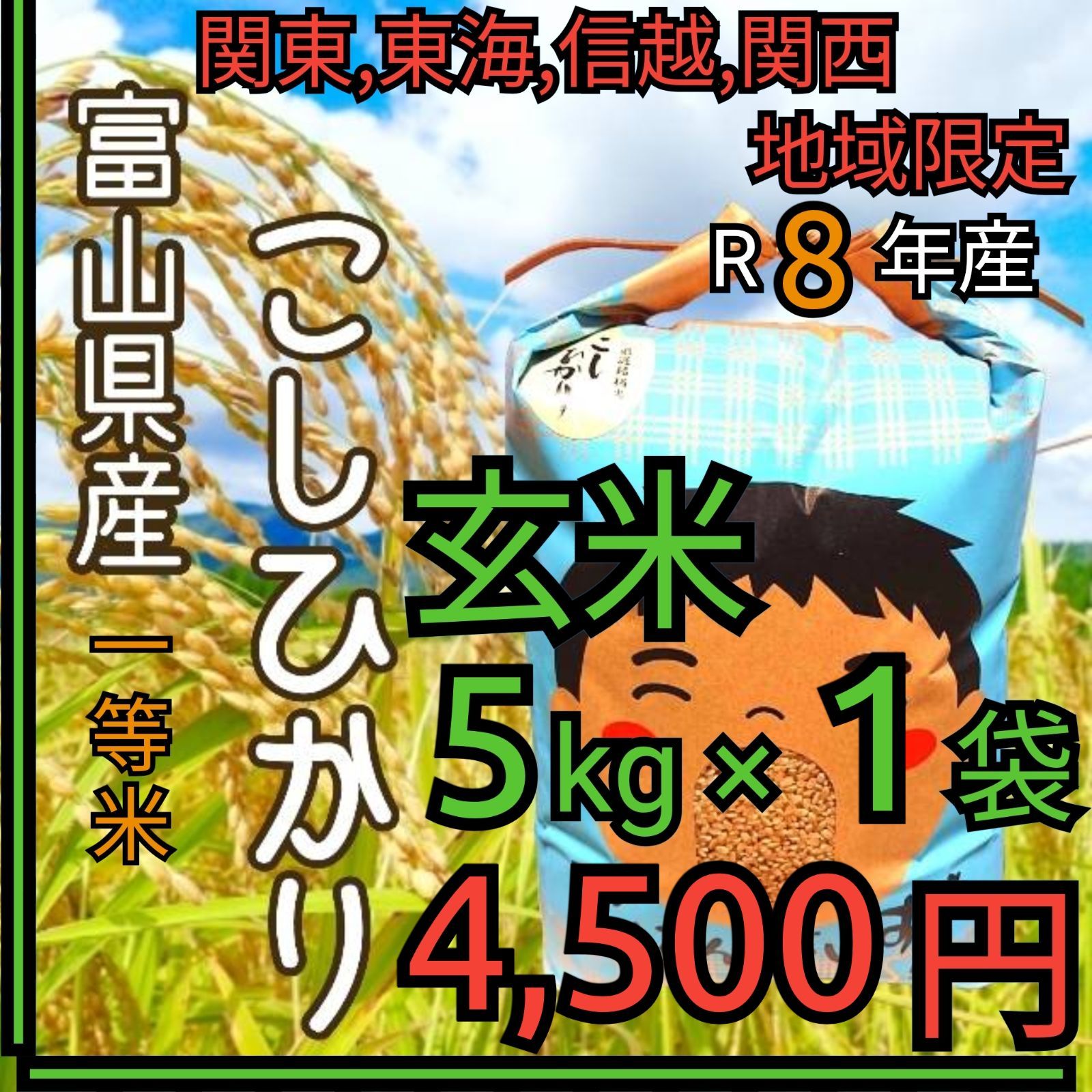 R8年富山県産コシヒカリ玄米5kg×1袋✳️関東、東海、信越、関西地域
