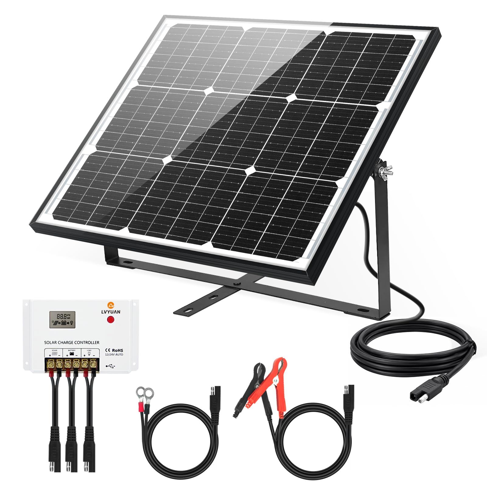 【大人気】【発電・充電に必要な機器を50W セット】 LVYUAN（リョクエン） 12V 単結晶ソーラーパネル HC2410チャージコントローラー付属 バッテリー充電用 パネル防水仕様 SAEケーブル・取付金具付き 車 RV キャンピングカー 57245262