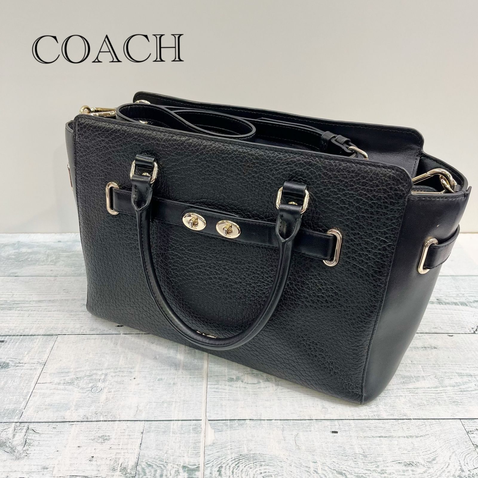 COACH コーチ 2way ショルダー ハンド バッグ レザー ブラック 黒 無地