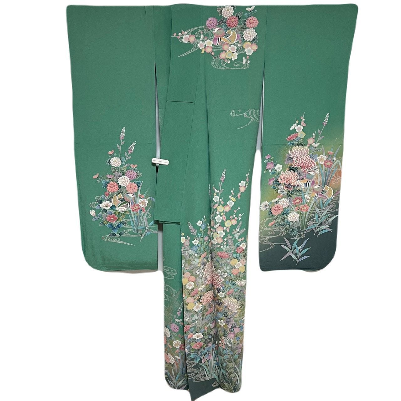 美品 振袖 身丈162cm 金彩加工 鴛鴦 流水 草花 手描き ちりめん 正絹