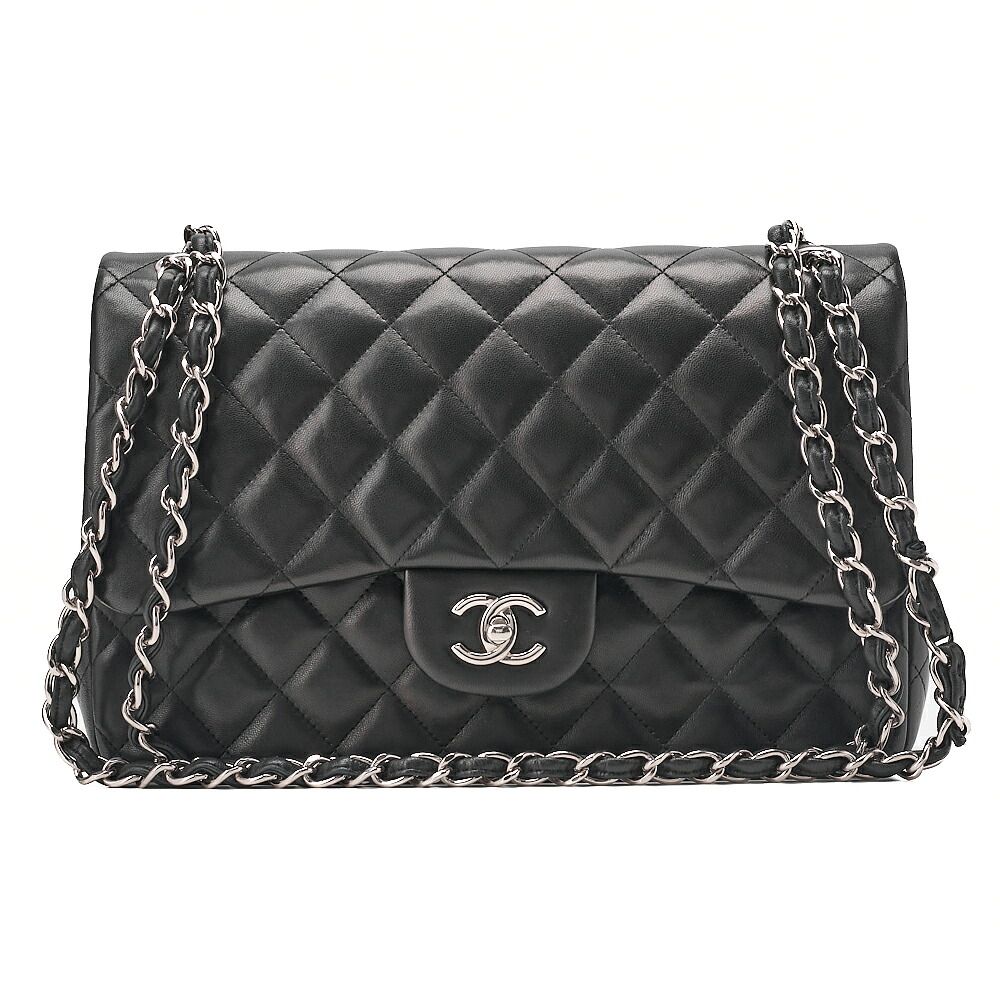 CHANEL シャネル 　デカマトラッセ　ダブルフラップ　ターンロック 　チェーンショルダーバッグ 　ラムスキン 黒（シルバー金具）レディースバッグ ハイブランド【中古】【送料無料】