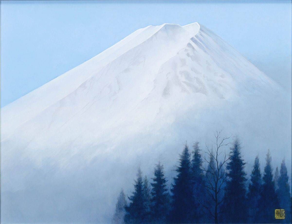 清水信行　富岳　日本画 真作】【WISH】清水信行「富岳」日本画 10号 共シール ◇雪化粧が