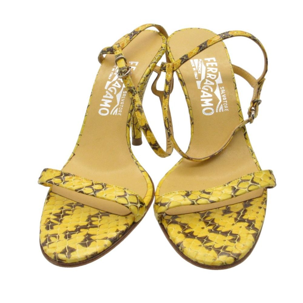 Salvatore Ferragamo サルヴァトーレフェラガモ サンダル ミュール パイソン ストラップ ベスト ヒール シューズ イタリア製 靴 イエロー 6.5 24cm レディース 【中古】