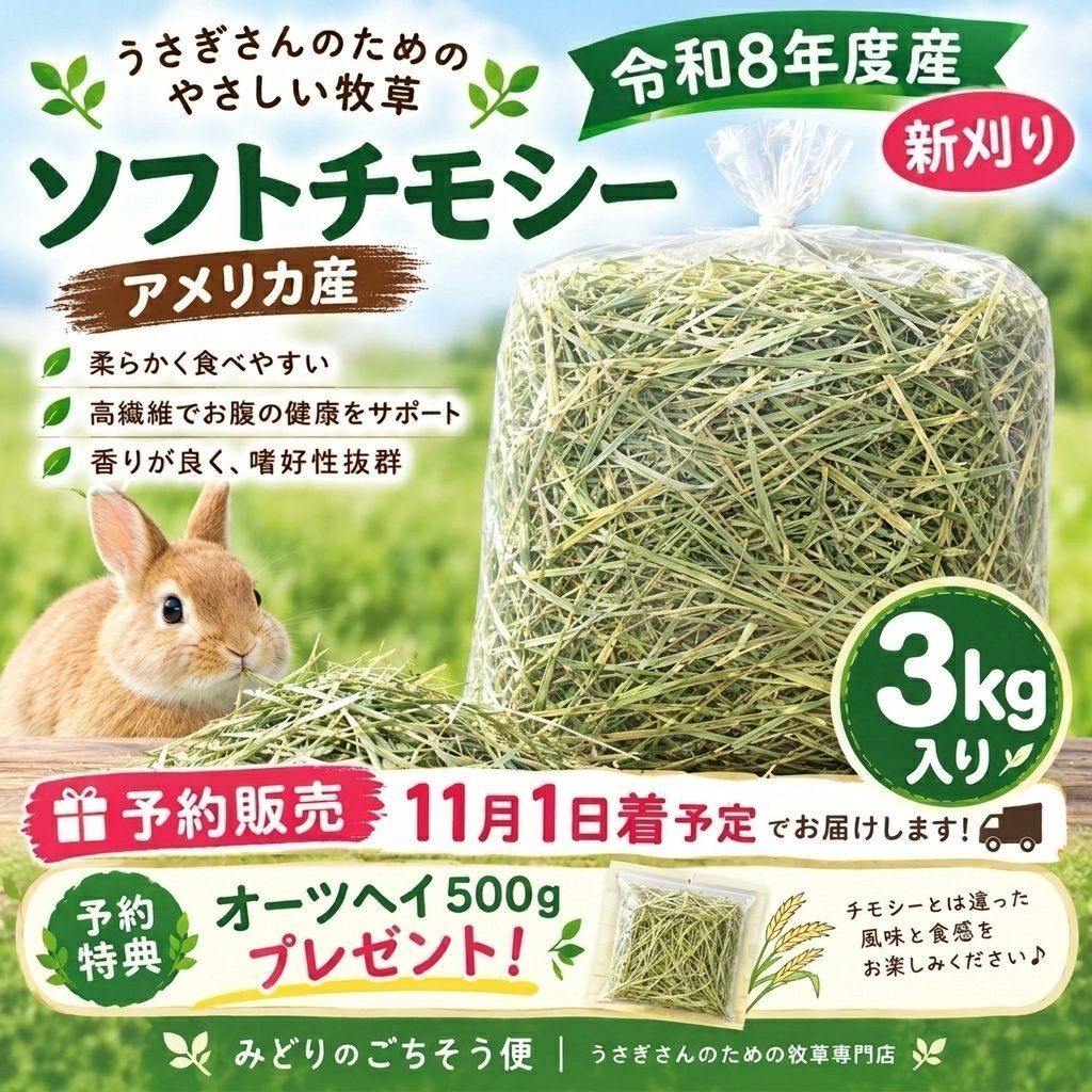 🌿令和8年度産 新刈り ソフトチモシー 3kg アメリカ産 2番刈り ダブル