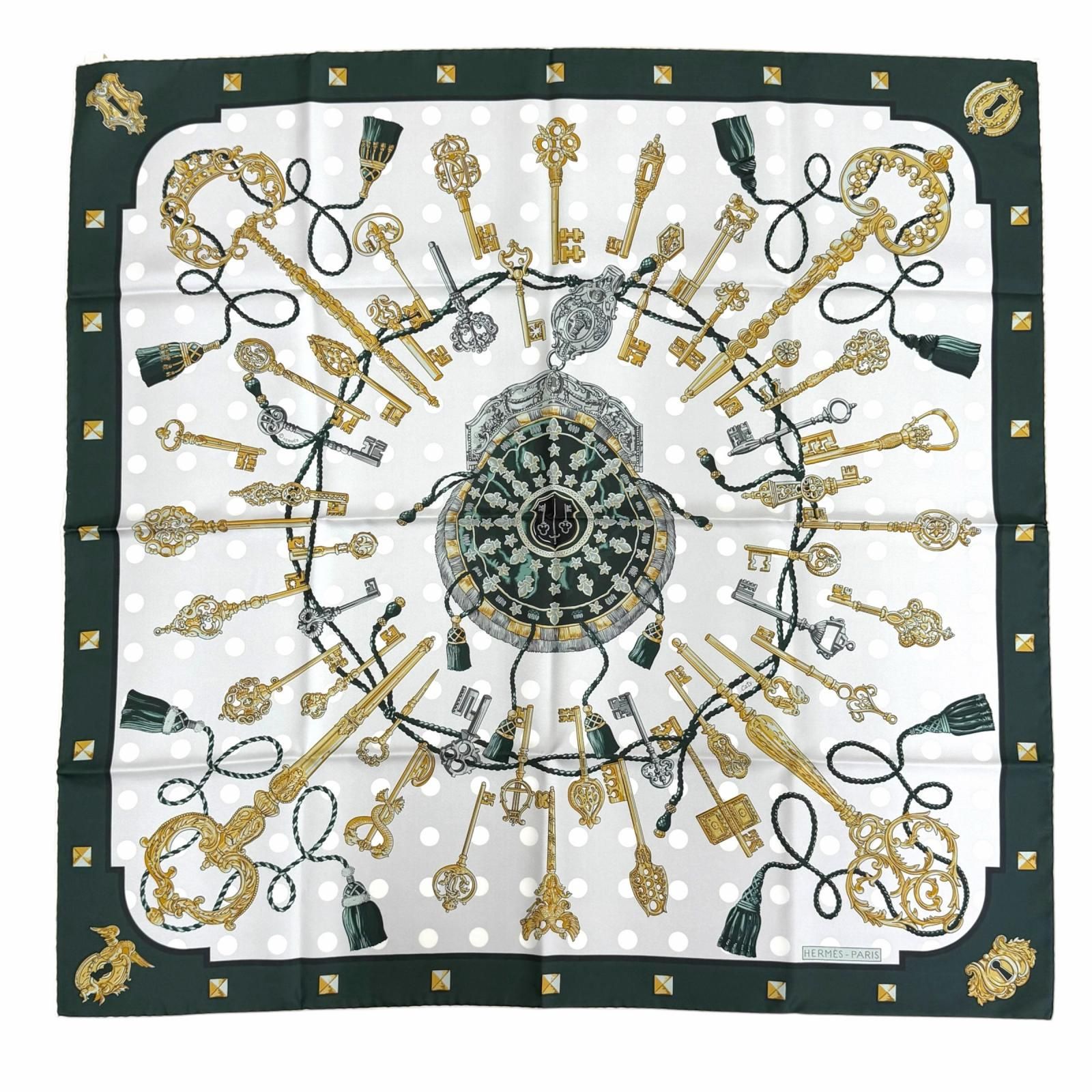 未使用△HERMES エルメス 26AW H901428S LES CLES シルク100％ ヴェール サパン/グリ ペルル/ヴィエイユ カレ90 ダブルフェイス スカーフ