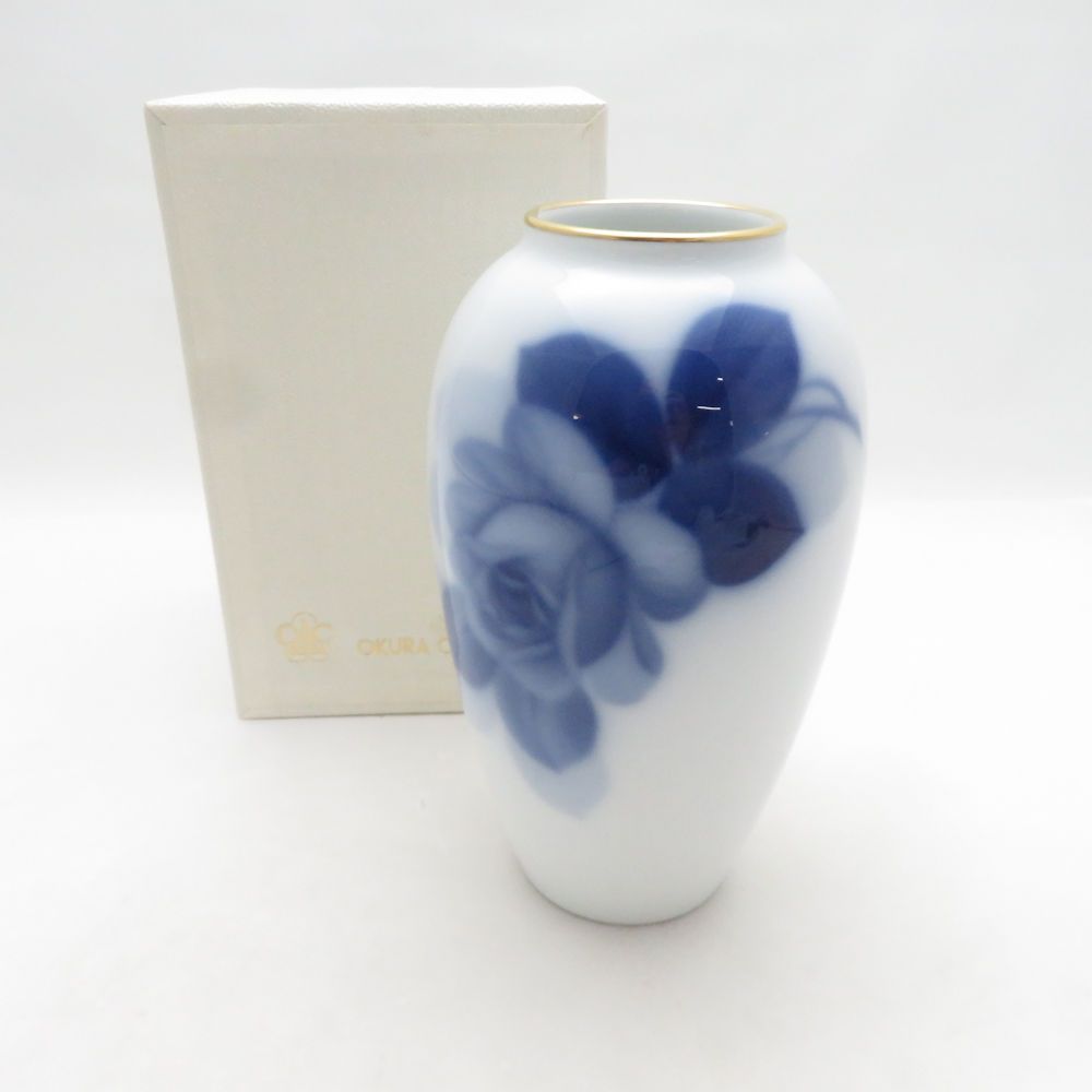 未使用 OKURA 大倉陶園 ブルーローズ 8211 花瓶 花器 フラワーベース