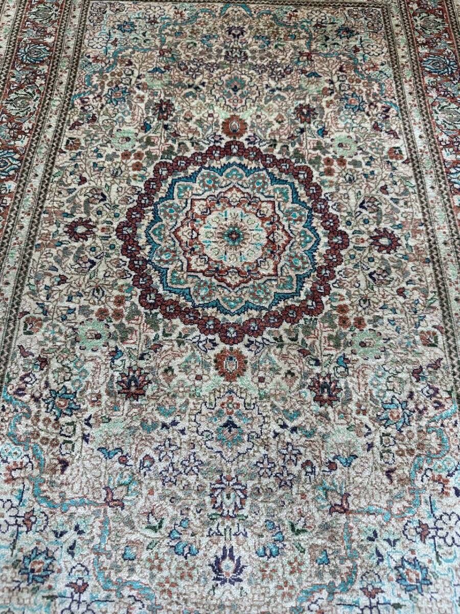 中国産 段通 100%シルク 手織りラグ 91×64cm ペルシャデザイン 高級