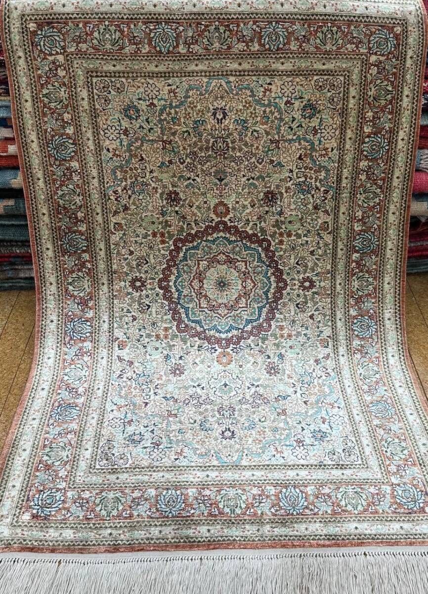 中国産 段通 100%シルク 手織りラグ 91×64cm ペルシャデザイン 高級