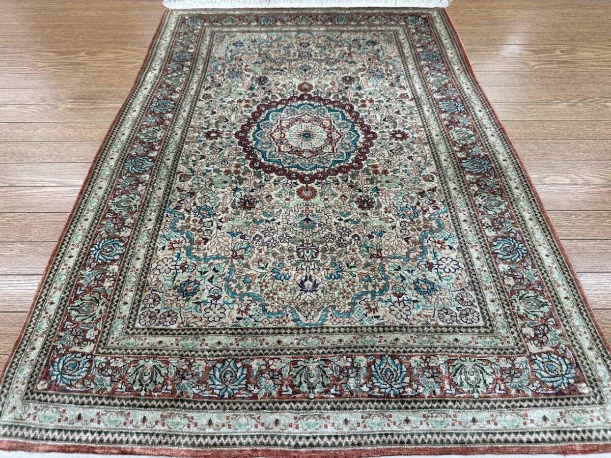 中国産 段通 100%シルク 手織りラグ 91×64cm ペルシャデザイン 高級
