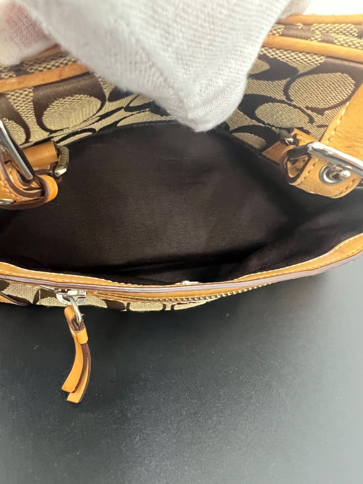 COACH コーチ シグネチャー ハンドバッグ ブラウン キャンバス レザー