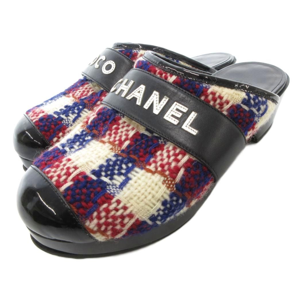 シャネル CHANEL サボ サンダル ミュール レザー ツイード ココ ロゴ 36 黒 ブラック マルチカラー /JS ■GY18
