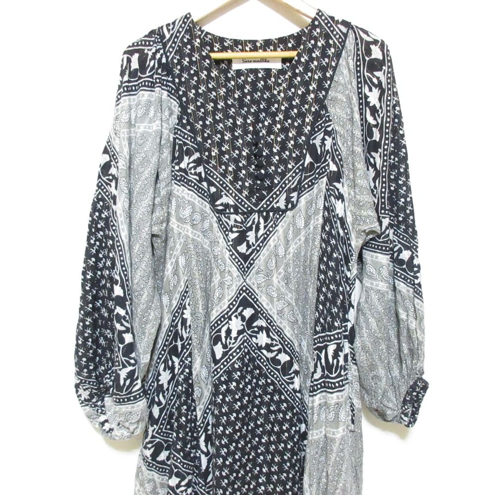 Sara mallika サラマリカ Cotton Block Pattern Dress 長袖 マキシ丈