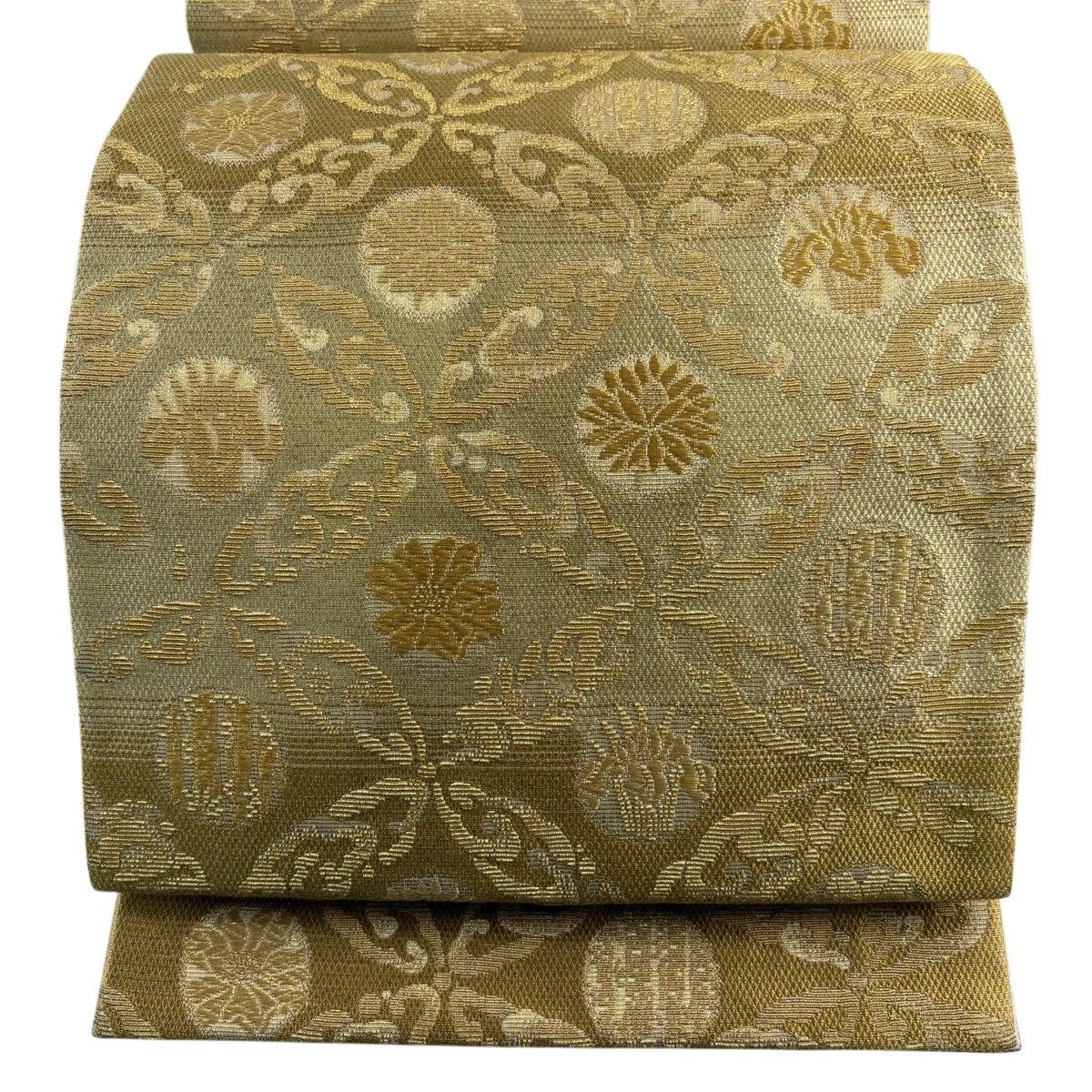 【美品】 袋帯 名品 七宝文 段縞 金糸 金色 六通 正絹 【中古】