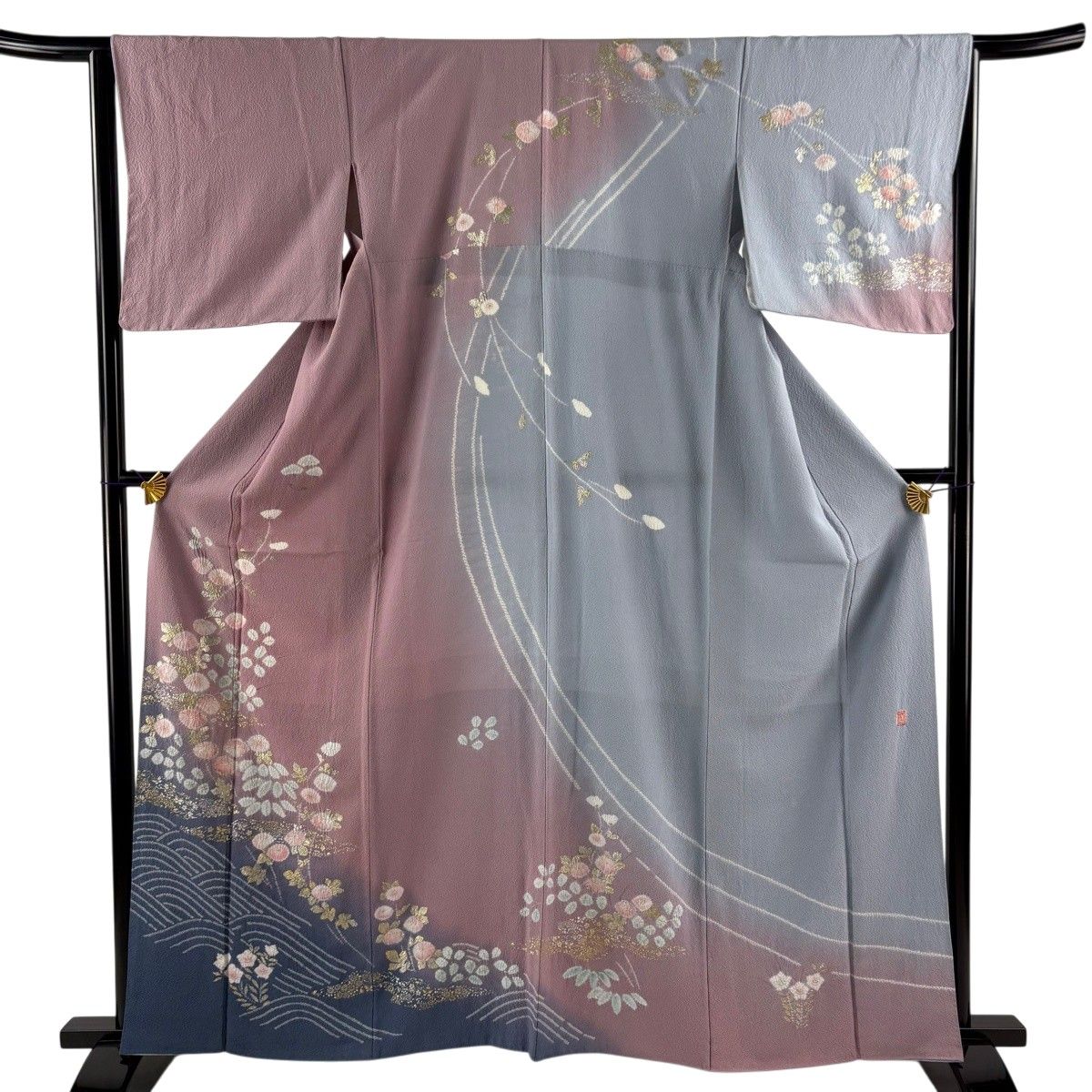 訪問着 身丈162cm 裄丈64cm M 袷 滝泰 落款 菊 波 金銀彩 ぼかし 灰紫 正絹 名品 【中古】