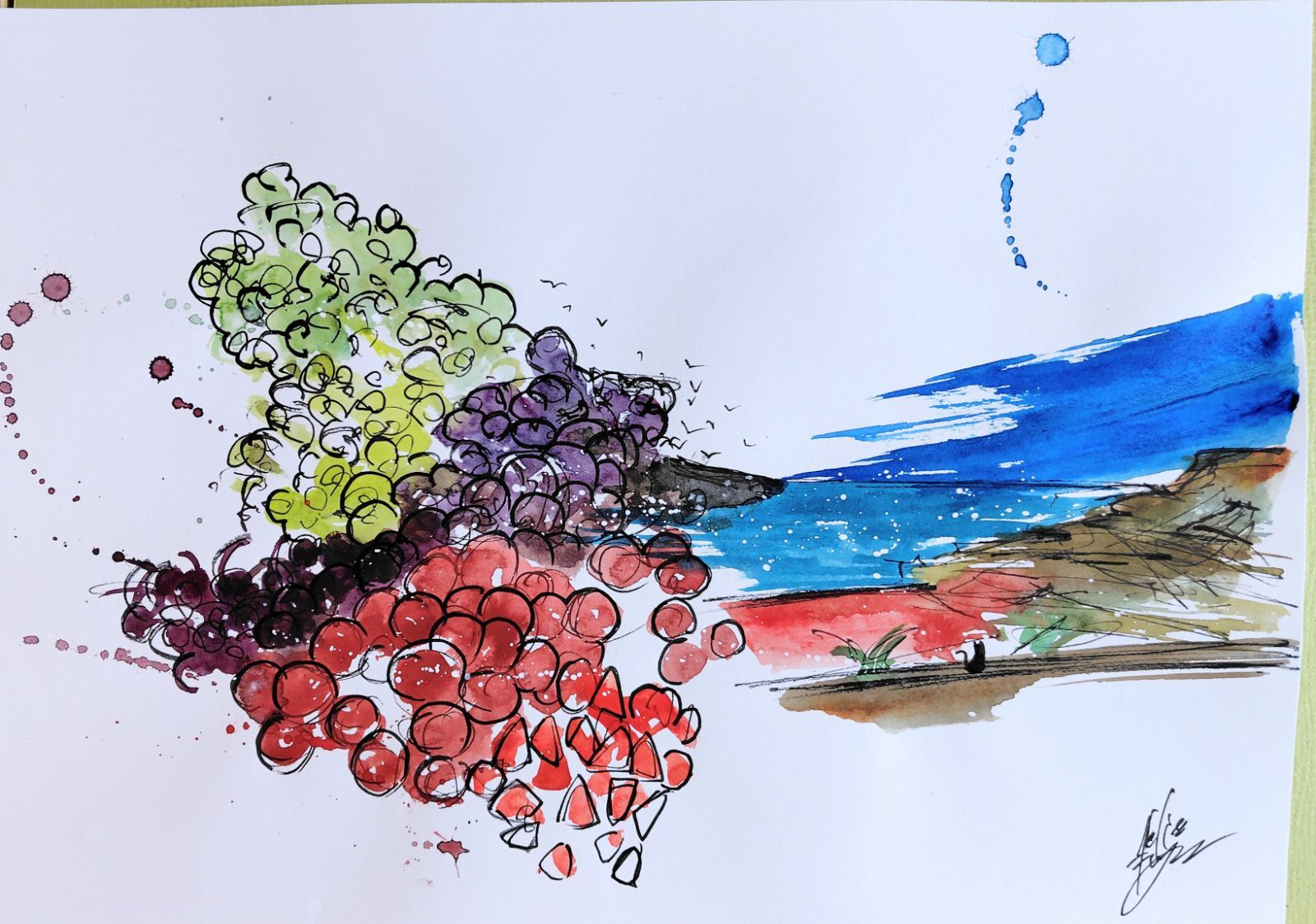原画#663 黒猫 フルーツ マルタ共和国 海 水彩画 ドローイング アート