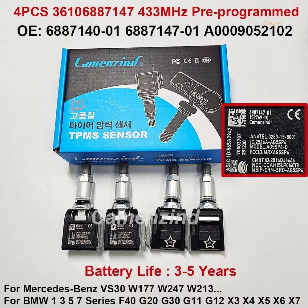 4個 TPMSセンサー 36106887147 A0009052102 433MHz ベンツ VS30 W177 W247 W213 BMW G30 G20 X3 X5 6887147-01 6887140-01 0009052102