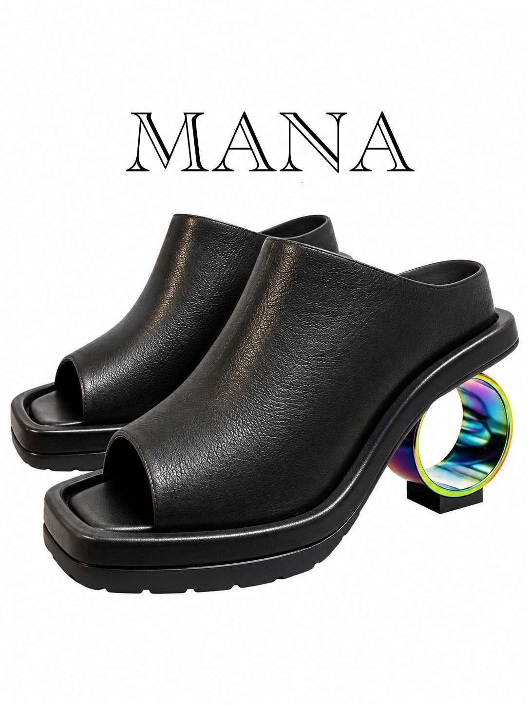 MANA】未使用完品 マナ スクエアトゥサークルヒールミュール サークル