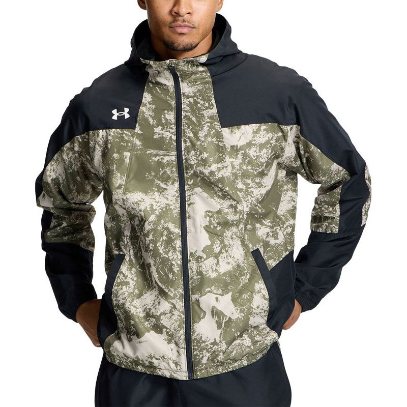 アンダーアーマー UNDER ARMOUR UA YARD TRICOT WOVEN FULL-ZIP HOODIE JACKET 野球＆ソフトボール トレーニングウェア トレーニングシャツメンズ 6016768、ブラック/グリーン/ホワイト