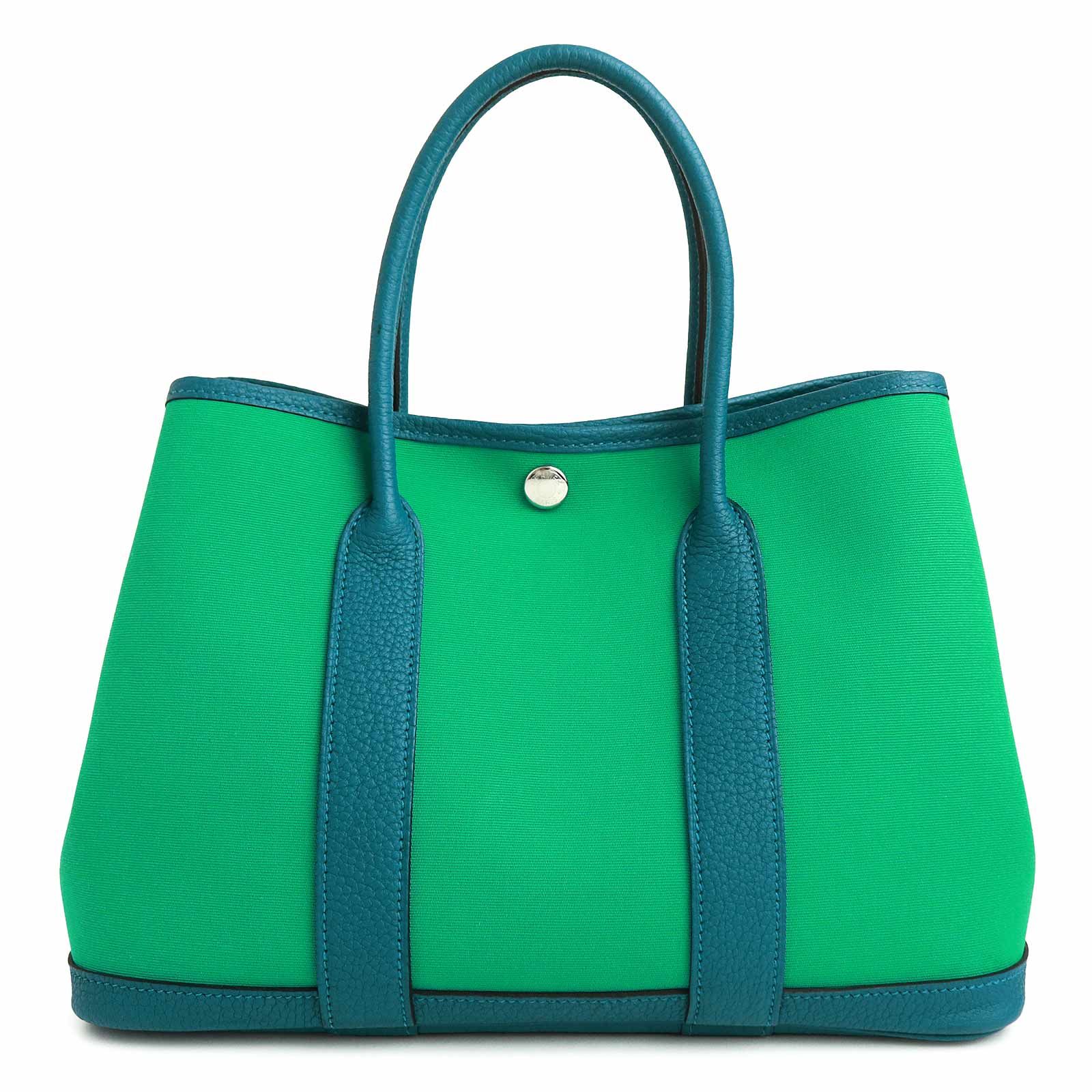 エルメス ガーデンパーティ TPM 30 トワルオフィシエ ネゴンダ Menthe ミント グリーン Bleu Izmir ブルーイズミール B刻印 ハンドバッグ キャンバス レザー シルバー金具 HERMES（新品同様品）