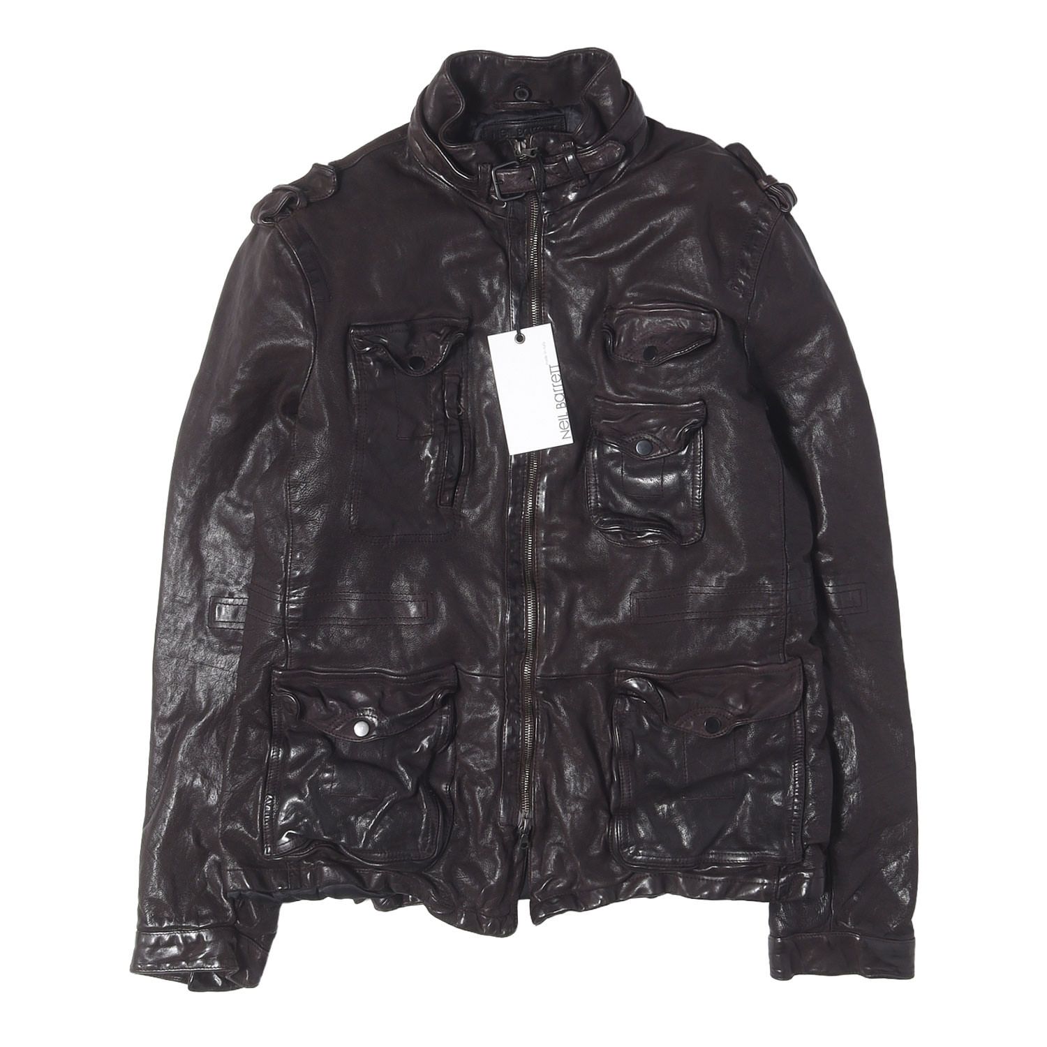 【新品】Neil Barrett ニールバレット ジャケット ダークブラウン M ウォッシュドリンクル加工 カーフレザー ジャケット MULTI-POCKET LEATHER JACKET BPE367 7947 MADE IN ITALY【メンズ】