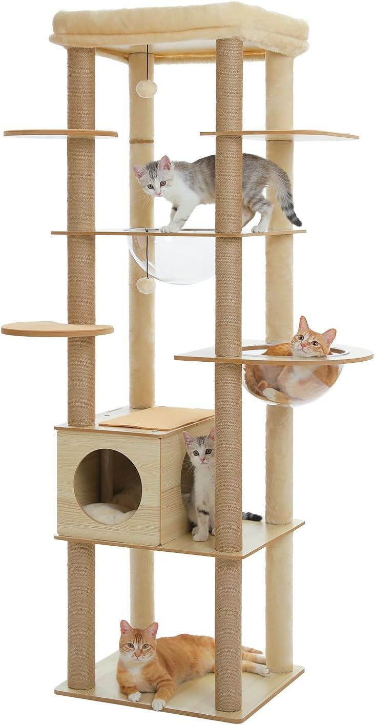 木製 大型猫用 スリム キャットタワー 宇宙船 クリアボウル付き Road
