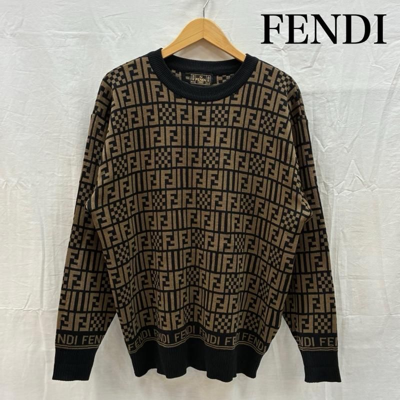 FENDI ヴィンテージニット FFロゴ チェッカー柄 M フェンディ OLD ARCHIVE ズッカ柄 FFロゴ クルーネック ニット