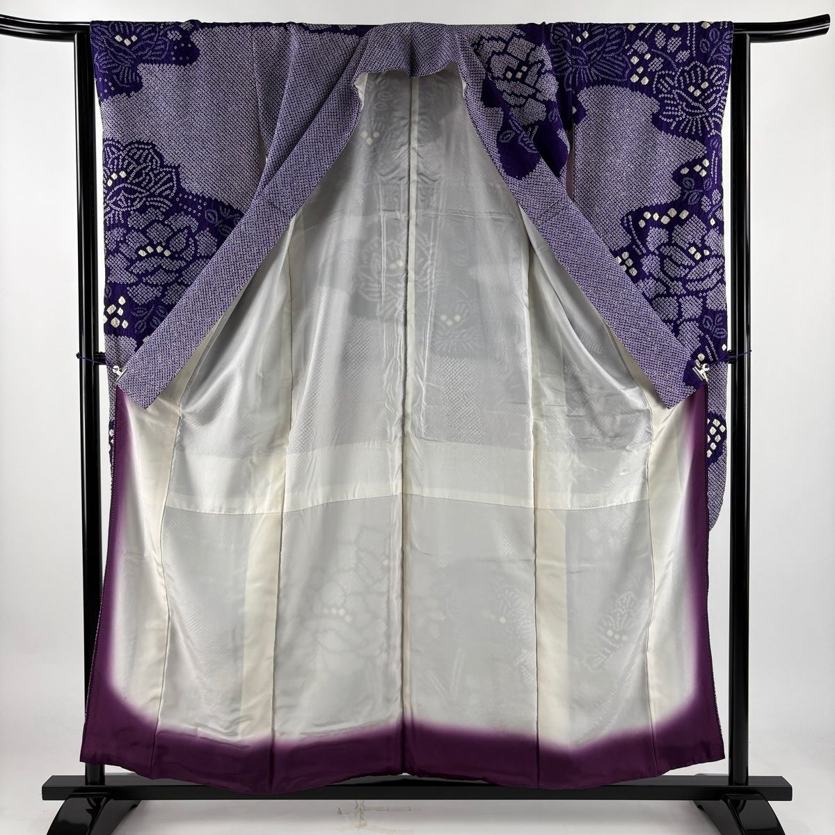 振袖 身丈157cm 裄丈63cm S 袷 草花 総絞り 紫 正絹 秀品 【中古