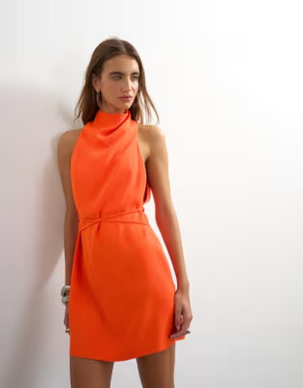 トップショップ レディース トップス ワンピース クレープ ミニ Topshop heavy crepe high cowl neck mini dress with tie waist in ora