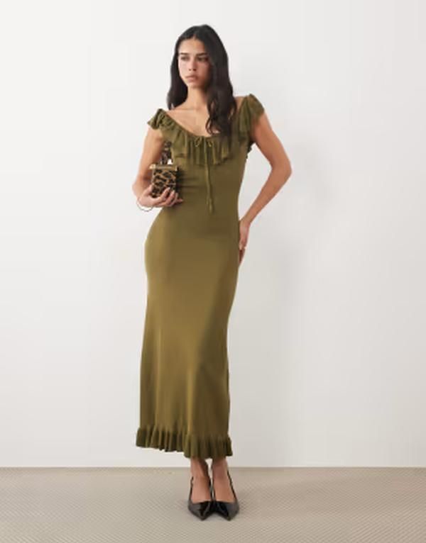 プリティラヴィッシュ レディース トップス ワンピース フリル ニット マキシ Pretty Lavish Sascha knit ruffle trim cami sweetheart neck m